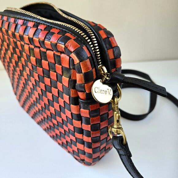 Clare Vivier V Midi Sac Red Black Checker Woven Leather Crossbody Purse EUC Rare - Picture 9 of 16